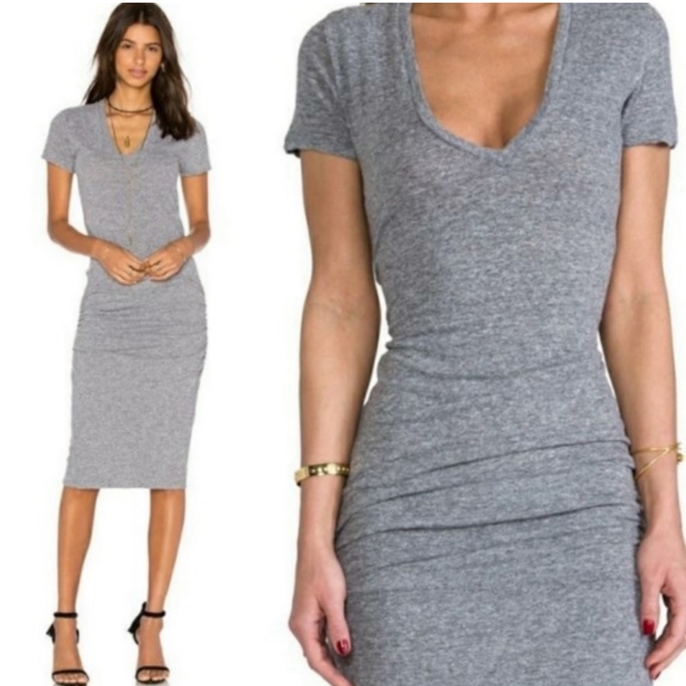NEW Monrow V-Neck Short Sleeve Ruched Side T-Shirt Midi Dress Grey Women’s S